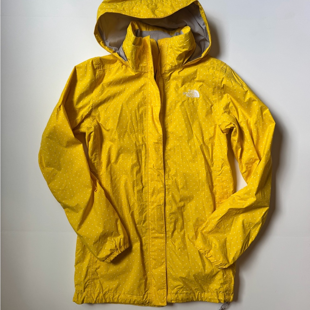 The North Face Womens Yellow Polka Dot Long Sleeve Full Zip Raincoat Size Small